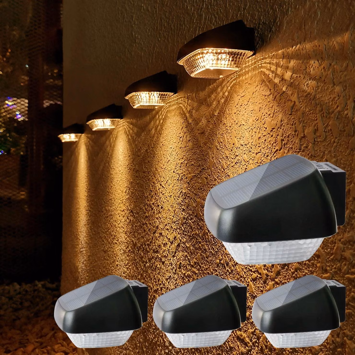 Lampade solari per esterni, 4 pezzi, applique a LED a energia solare, luce bianca calda 2700K