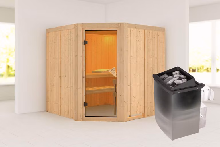 Sauna Karibu Jarin (ingresso ad angolo), porta tutto vetro, colore bronzo, riscaldatore 9 kW centralina integrata
