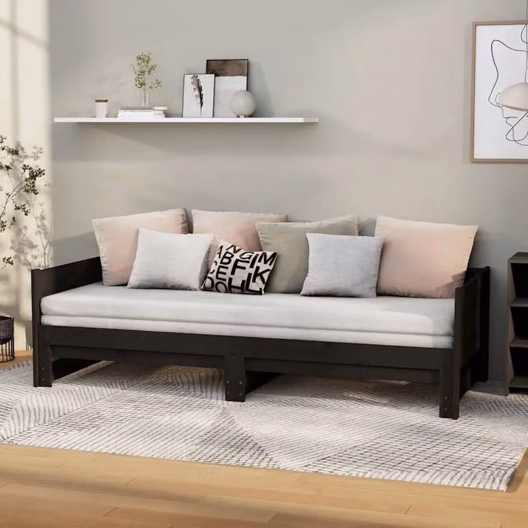 vidaXL Dormeuse Estraibile in Legno Massello di Pino Nera L/P/H: 204 x 90 x 181 cm
