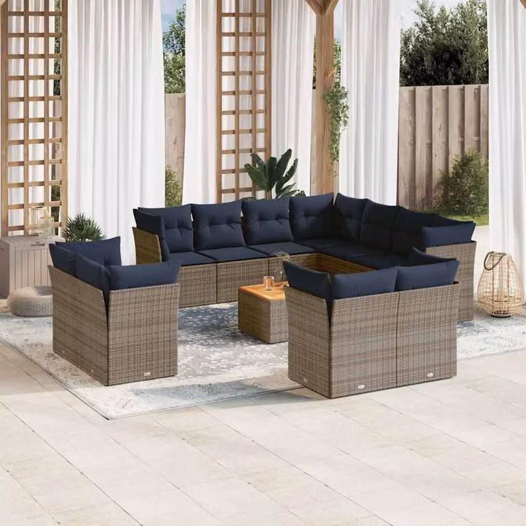 Set di divani da giardino vidaXL 12 pezzi in polyrattan con cuscini grigi e blu e tavolino da esterno a forma di U