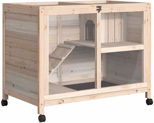 CONIGLIERA IN LEGNO A 2 PIANI CON RAMPA E VASSOIO ESTRAIBILE 91.5X53X73CM