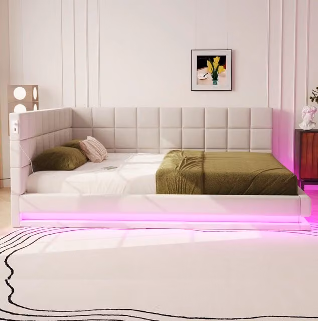 Divano letto ULEVR 160x200 cm con LED RGB, USB e rete a doghe, rivestimento in tessuto di lino beige