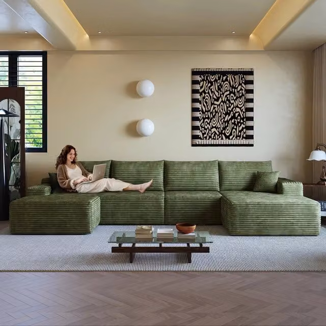 Divano angolare Chaise Longue ¨C Minimal ¨C Verde 340cm velluto imbottito senza montaggio