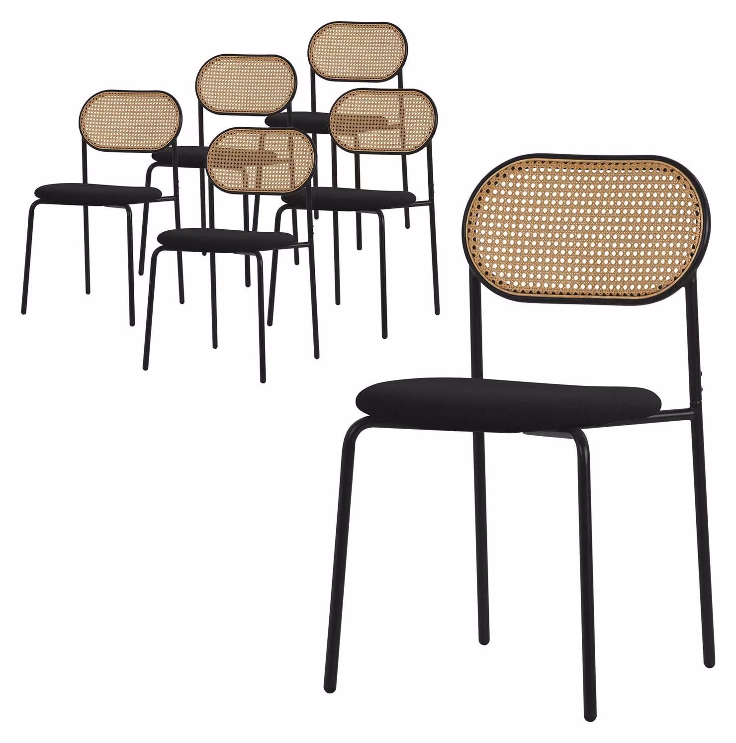 Set di 6 sedie da pranzo, colore nero, schienale in rattan sintetico (PE), gambe in metallo