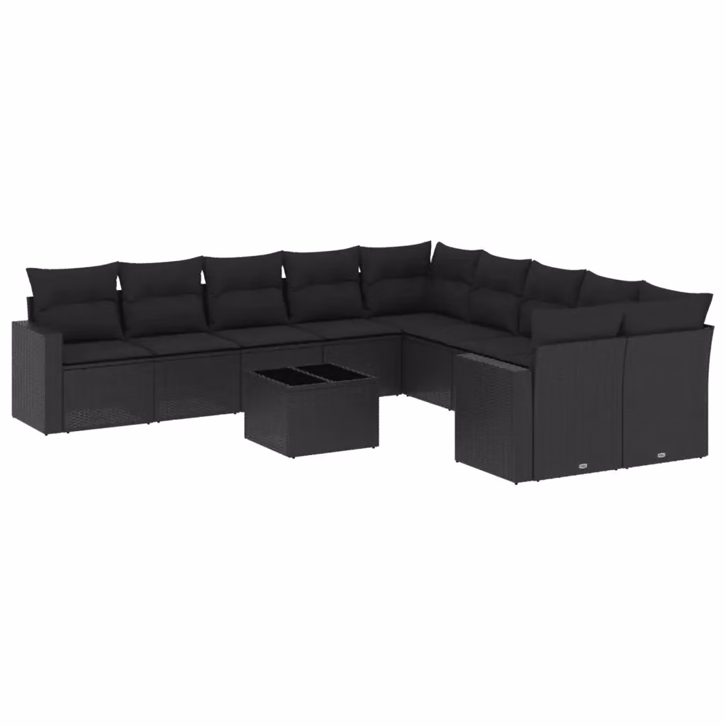 Set da giardino moderno vidaXL composto da 11 pezzi con divani a U, poltrone, tavolino e cuscini neri in rattan e metallo – 2