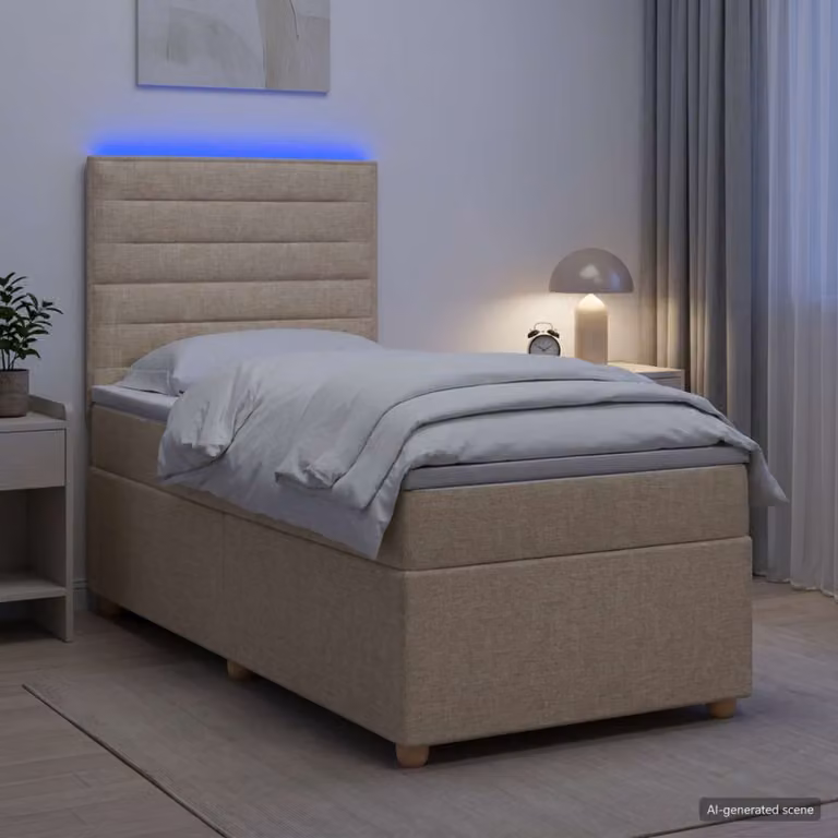 Letto box spring con materasso vidaXL in tessuto beige e bianco, con base a sollevamento, illuminazione sottostante e porta USB, L/P: 190 x 90 cm
