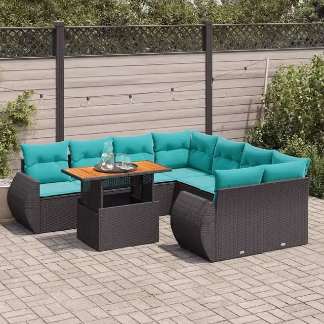 Set Divani da Giardino 9 pz con Cuscini Nero in Polyrattan 3327242