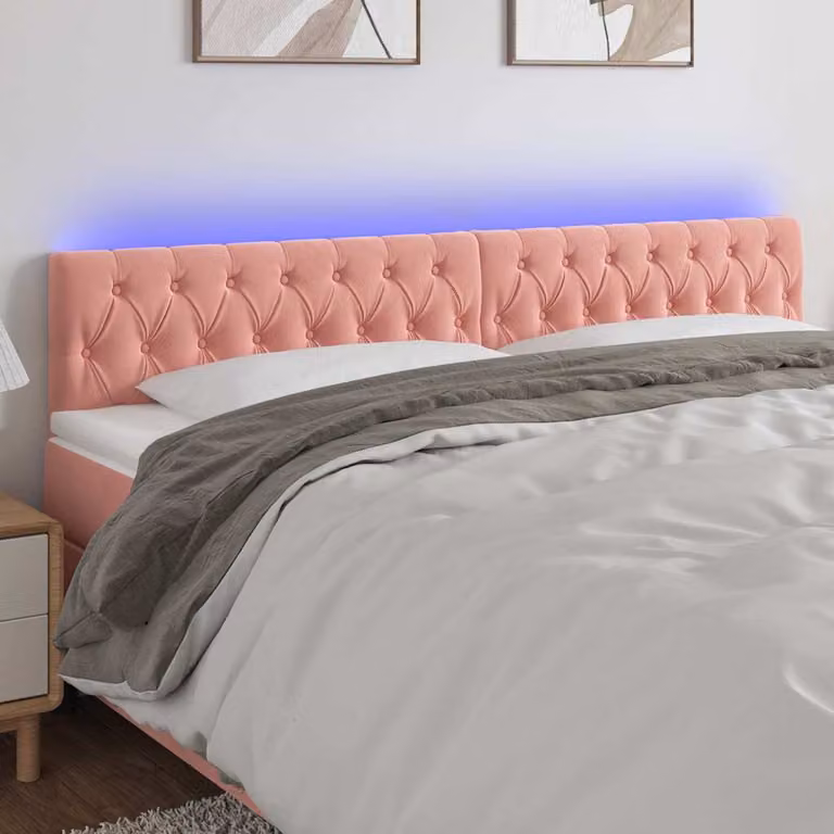 Testiera per letto vidaXL in velluto rosa con illuminazione LED e porta di ricarica USB, L: 200 cm, P: 7 cm, H: 78-88 cm