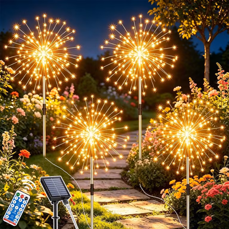 4 luci decorative solari a forma di fuoco d'artificio, 120 LED, luce bianco caldo, grado di protezione IP65, con telecomando