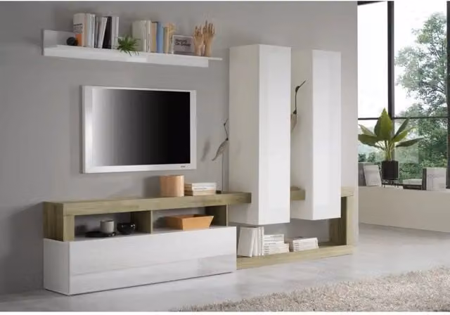 Set di mobili da soggiorno di design con numerosi vani contenitori collezione BURA. Colore bianco lucido e rovere cadiz