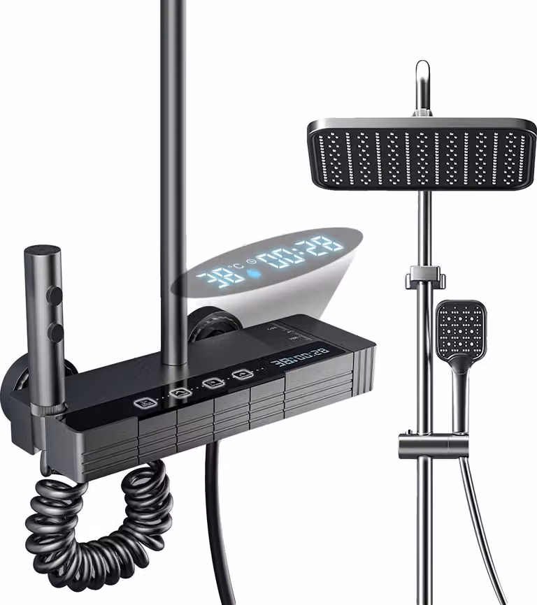 Set rubinetteria doccia, display LED, diverse modalità di getto d'acqua, grigio (set-Atmosphere lightsB)