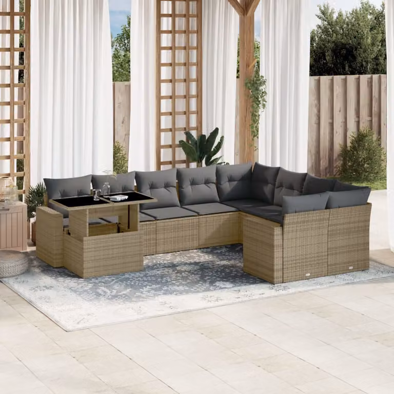 Set Divano da Giardino vidaXL 10 pz a Forma a L con Cuscini Beige e Tavolino, Struttura in Metallo e Polyrattan Resistente ai Raggi UV