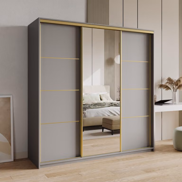 Armadio scorrevole Masseno VARO 180/205/60 cm Armadio con 4 cassetti Armadio per camera da letto a 3 ante con specchio Colore grafite