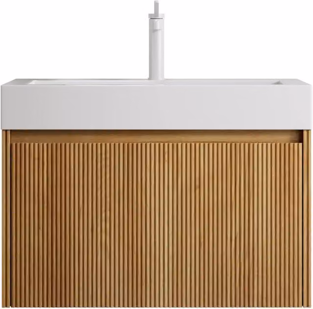 Mobile bagno sospeso Chicfurn con lavabo integrato, 1 cassetto e illuminazione LED, bianco e rovere, L: 70 cm, P: 46 cm, H: 50 cm