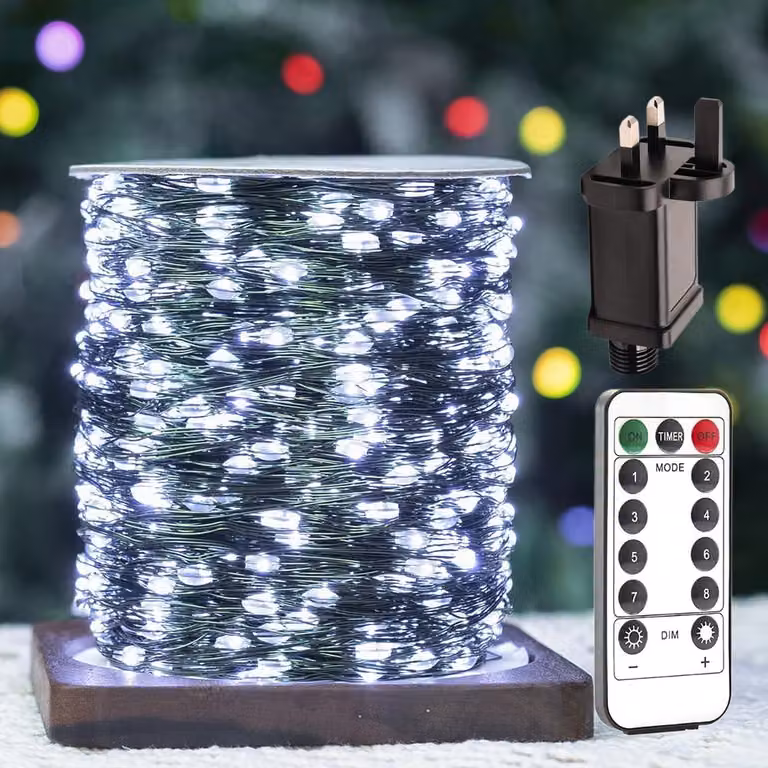 Catena luminosa da 400 piedi con 1200 LED, filo di rame, luce bianca fredda, impermeabile, 8 modalità