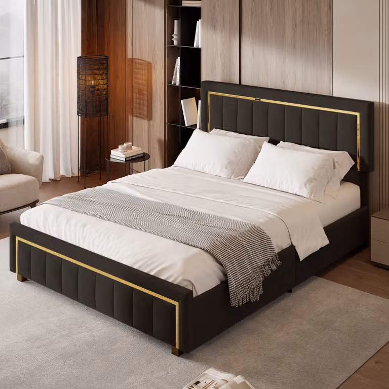 UnboxG Letto imbottito 140 x 200 cm, letto matrimoniale idraulico con rete a doghe e giroletto, letto contenitore idraulico con ampio spazio di archiviazione, letto continentale in velluto, per adulti e adolescenti, nero