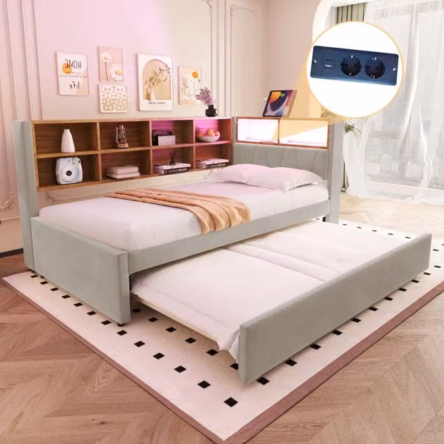 Letto divano 90×200 cm 2 posti con estraibile 90×190 cm, LED, USB, porta tipo C e vani, senza materasso