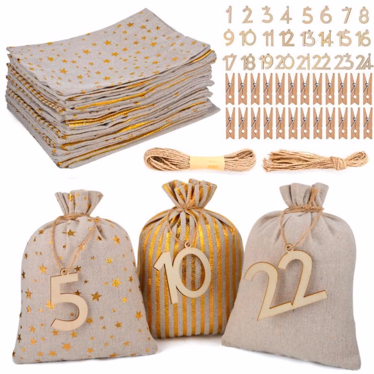 Calendario dell'Avvento da riempire, con 24 sacchetti in misto cotone, color oro-marrone vintage, dimensioni 13x18 cm. Set completo
