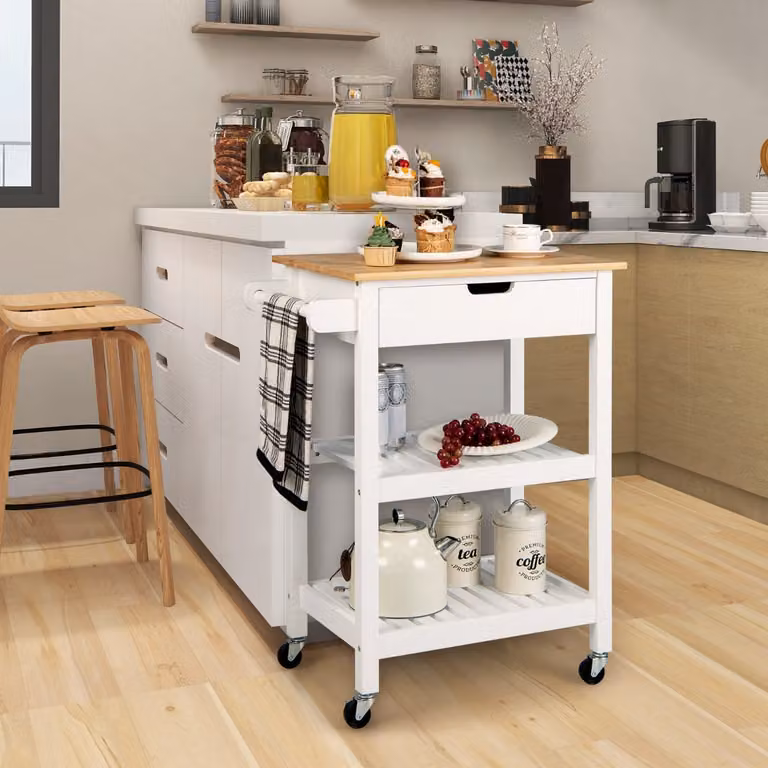 Carrello cucina con ruote e piano in bambù Costway, isola portaoggetti moderno bianco per cucina e sala da pranzo