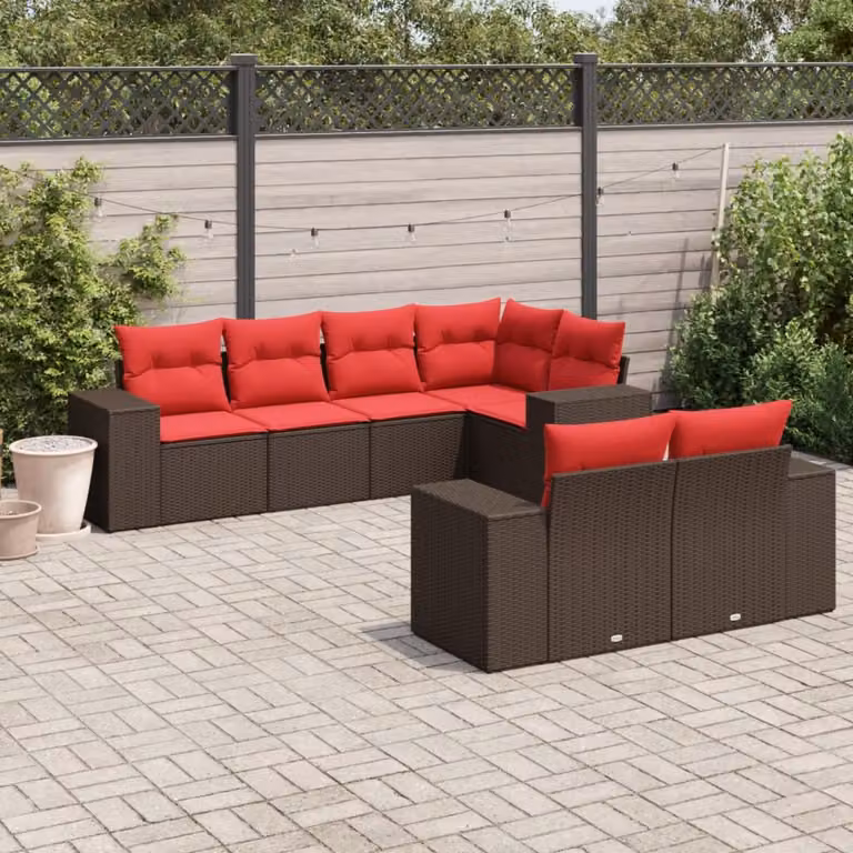Set di divani da giardino vidaXL 7 pezzi in rattan marrone con cuscini e struttura in acciaio resistente ai raggi UV