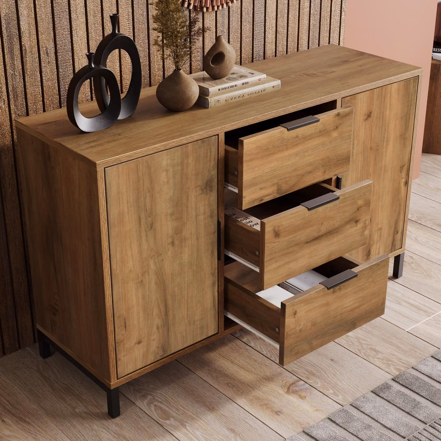 okwish Cassettiera 120 x 40 x 76 cm, mobile contenitore, mobile da cucina con 6 cassetti, mobile decorativo per camera da letto e soggiorno, rovere scuro.