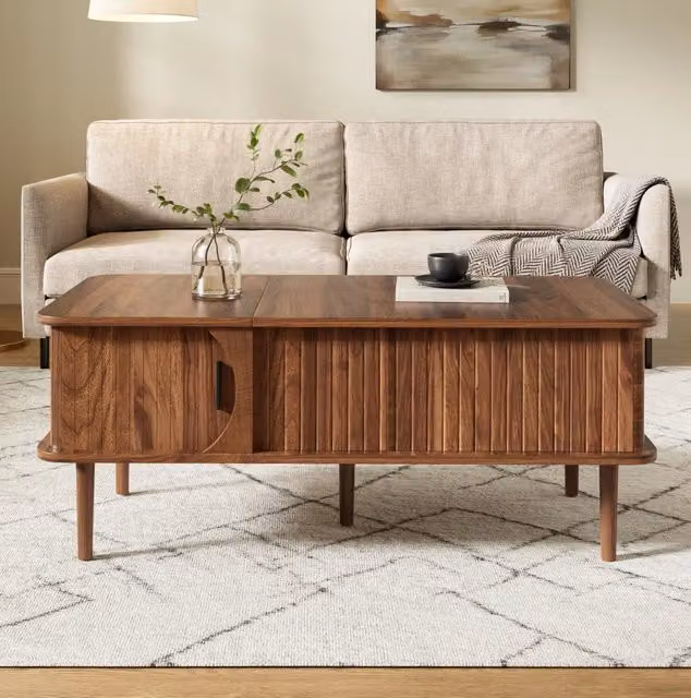 Tavolino 100x48x55,5 cm in MDF e legno marrone con piano sollevabile –
