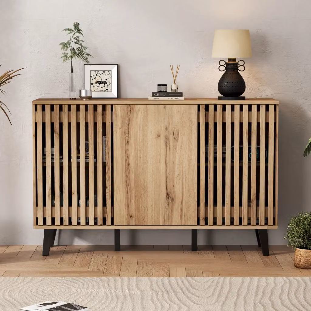 Madia moderna MIVRAY con 3 ante e 6 vani in effetto legno naturale, colore marrone e nero, ideale per soggiorno, camera da letto o ufficio, L/P/H: 150 x 40 x 95 cm – 2