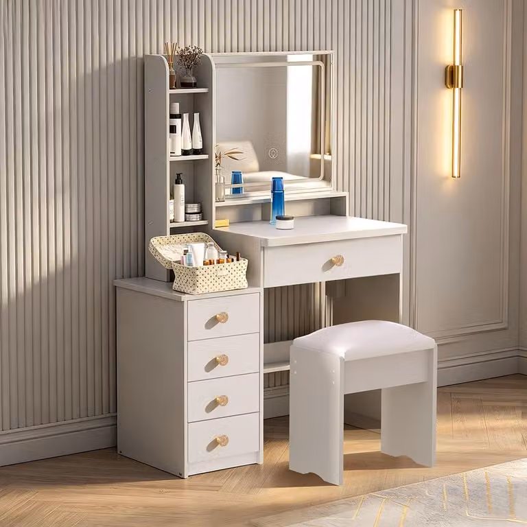 Toeletta con illuminazione a LED e sgabello, tavolo da toeletta con specchio, prese di corrente, 5 cassetti, supporto per asciugacapelli, 3 tonalità di luce regolabili, bianco, 90x40x132 cm