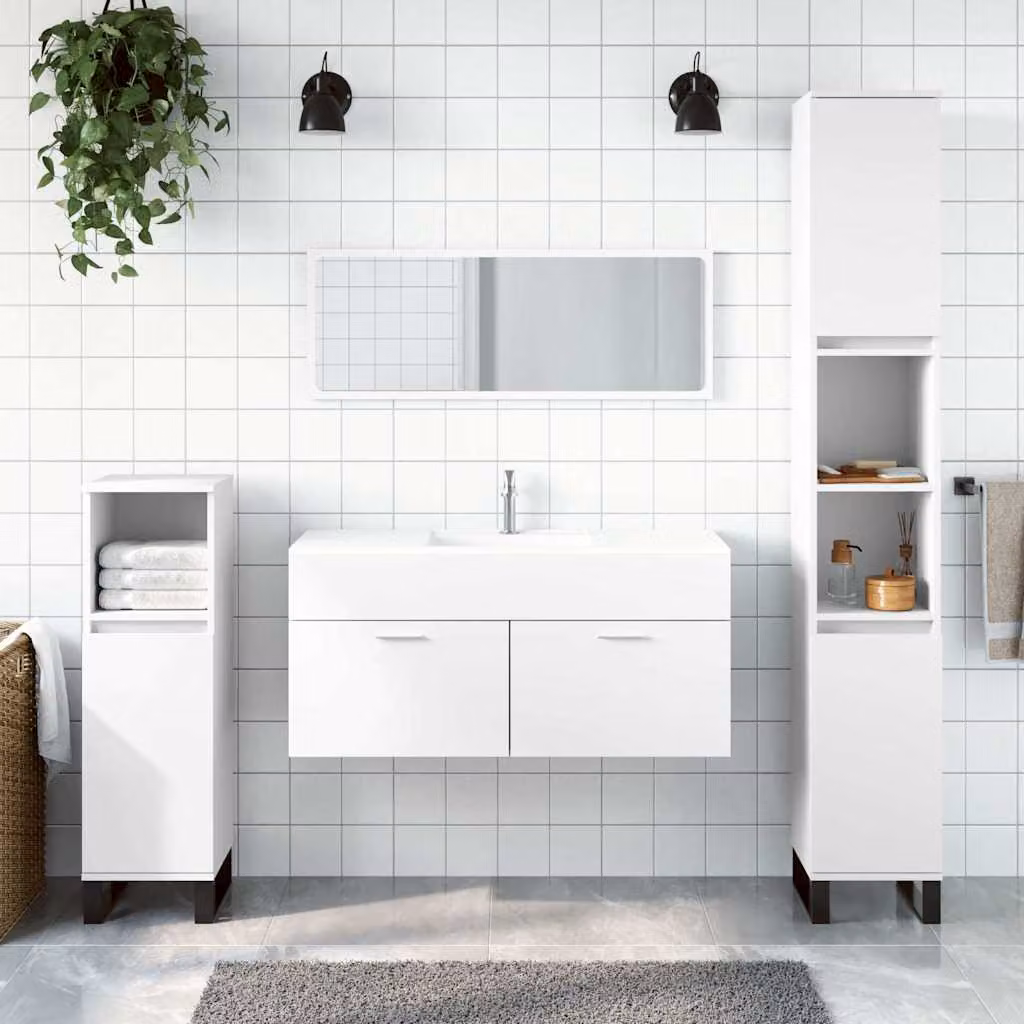 Mobile da bagno con specchio vidaXL bianco in legno e plastica, design minimalista a parete