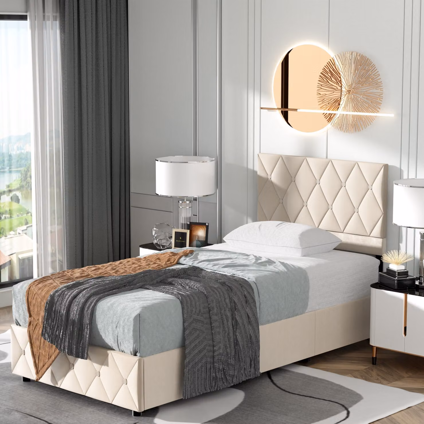 Letto boxspring imbottito MODFU 90 x 190 cm con contenitore idraulico e struttura con vano portaoggetti, velluto beige (senza materasso)