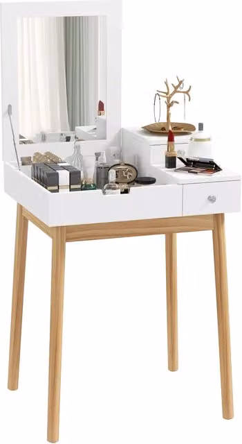 Toeletta compatta trasformabile in scrivania 60 x 50 x 85.5 cm specchio ribaltabile 2 cassetti contenitore moderno in MDF bianco 21_0001420