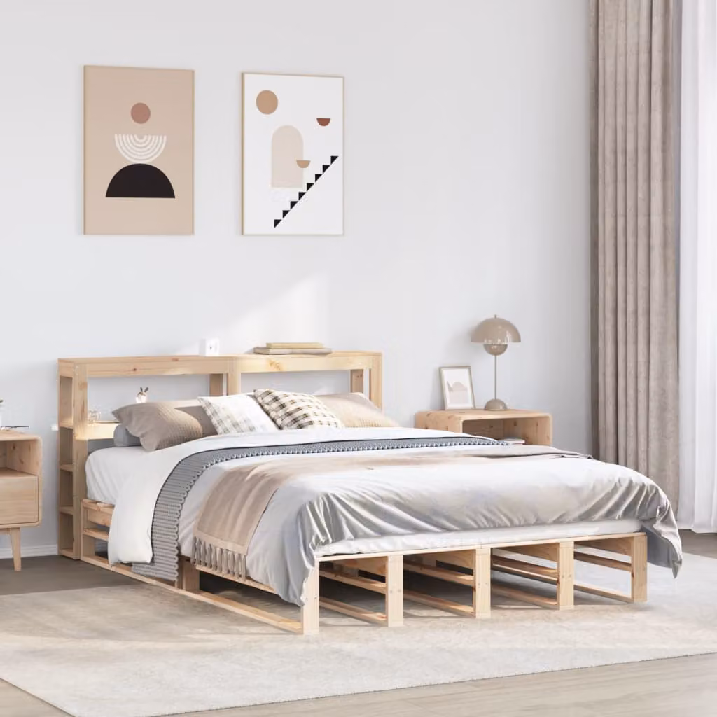 vidaXL Letto in Legno Massello di Pino Marrone con Testiera e Ripiani Laterali L/P/H: 219 x 146 x 82 cm – 1