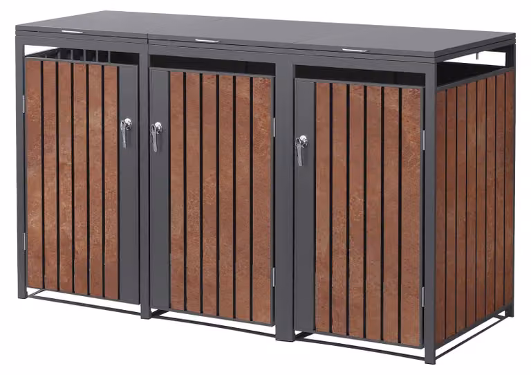 Contenitore per bidoni della spazzatura ML-Design, modello per 3 bidoni, capacità 240 litri ciascuno, dimensioni 200x80x120 cm, finitura effetto ruggine antracite, acciaio, resistente agli agenti atmosferici, rivestimento per bidoni della spazzatura con c