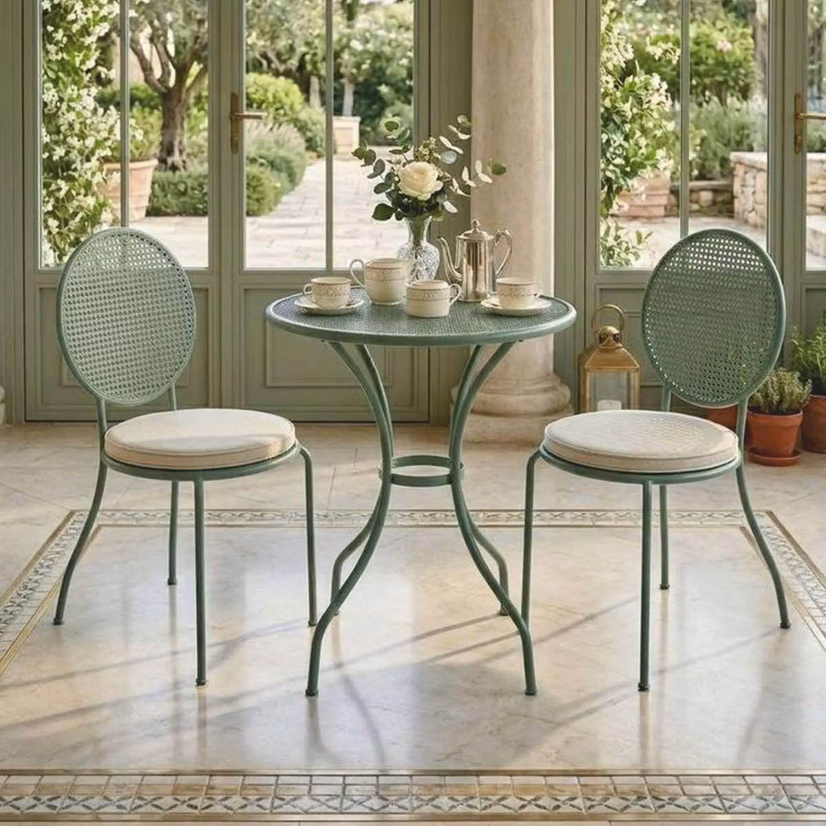Casa Padrino: set da giardino in ferro battuto in stile Art Nouveau, verde/crema - Arredamento per hotel e giardini
