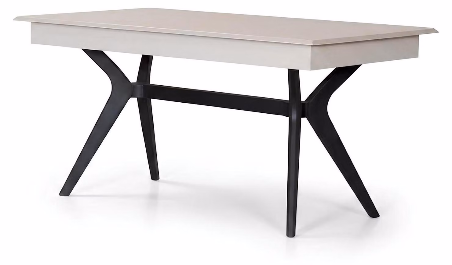 Tavolo beige, comodo, dal design moderno, con dettagli neri, spazioso e rettangolare