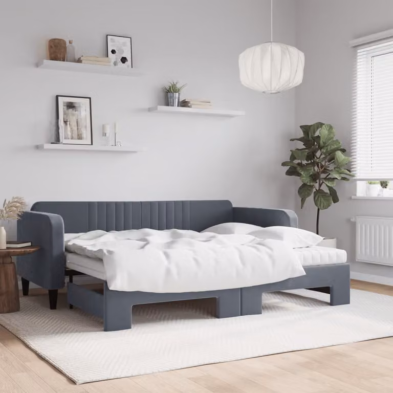 vidaXL Divano Letto Estraibile in Velluto Grigio con Materasso L/P/H: 200 x 90 x 75 cm