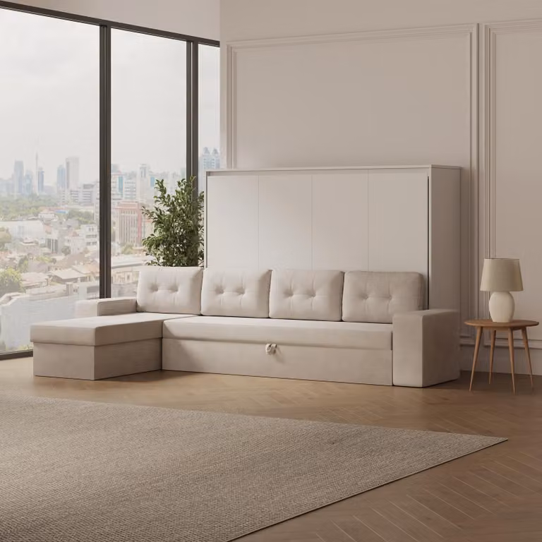 SMARTBett Letto a scomparsa M2 Orizzontale 140x200 con divano ad angolo grigio sabbia Bianco