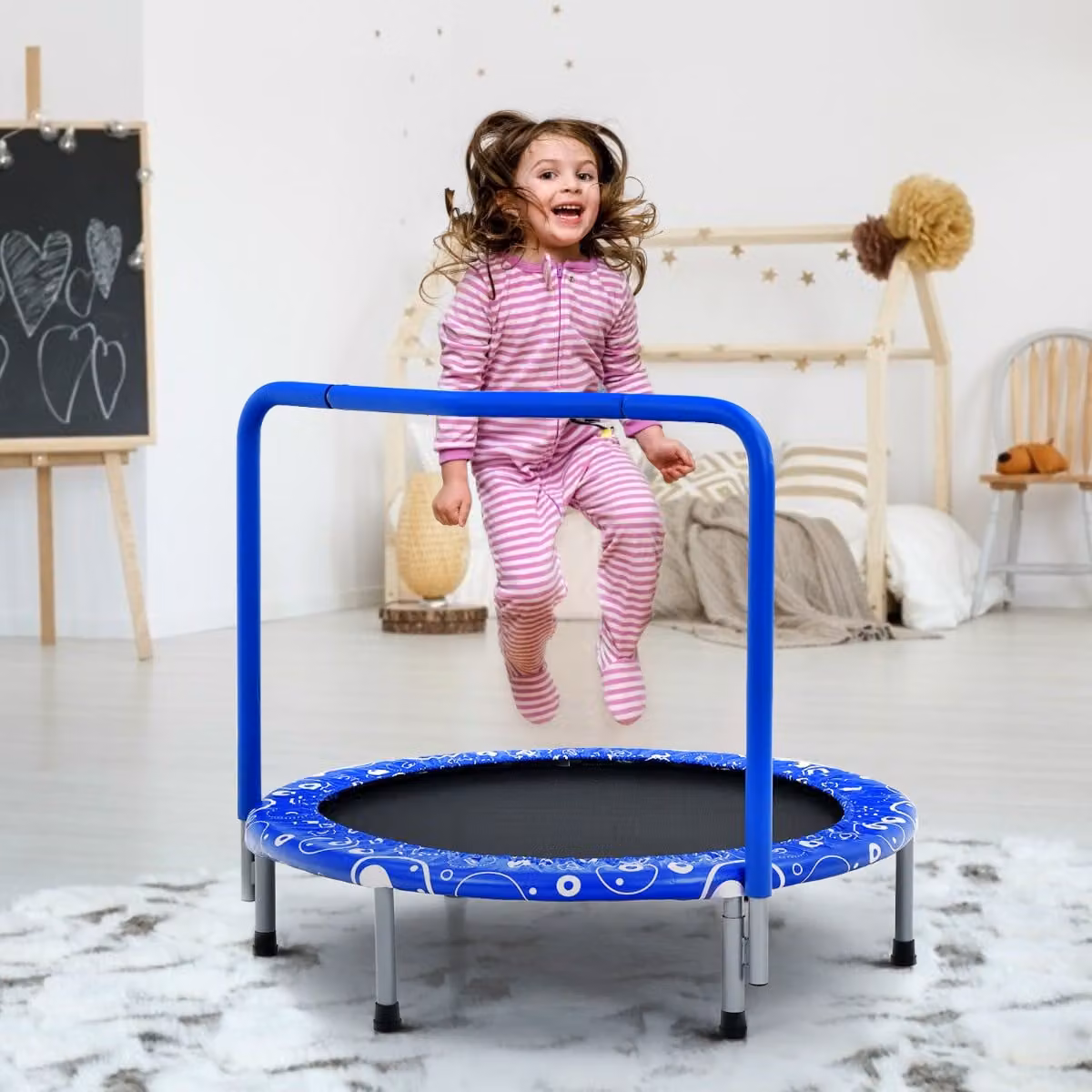 Costway Mini Trampolino per Bambini Pieghevole con Rete di Sicurezza e Maniglia, Blu, L/P/H: 92 x 92 x 80,5 cm