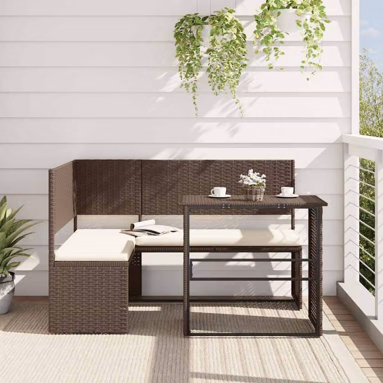 vidaXL Divano da giardino a L con tavolo e cuscini, design moderno in rattan marrone e beige con struttura in acciaio