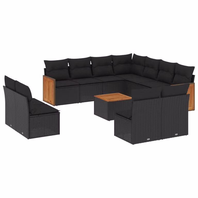 Set Divani da Giardino 12 pz con Cuscini Nero in Polyrattan