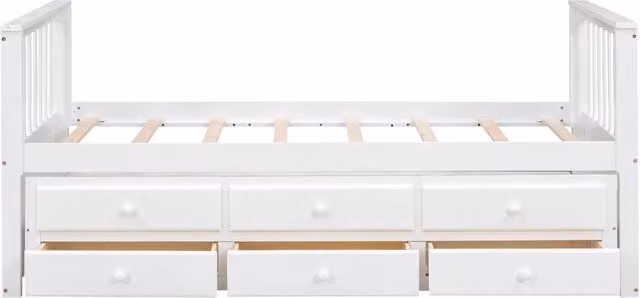 Letto singolo in legno e MDF bianco con 3 cassetti e letto estraibile, L/P/H: 90 x 200 cm