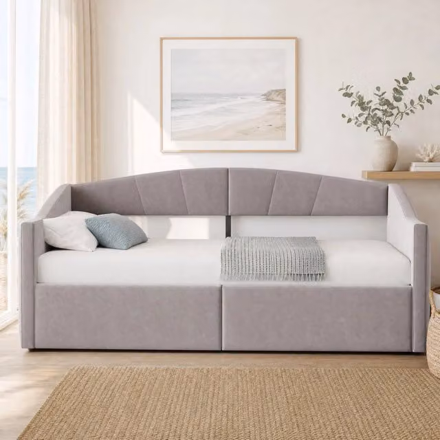 Letto imbottito singolo 90x200 cm con contenitore idraulico, rete a doghe e braccioli, tessuto vellutato grigio chiaro a righe