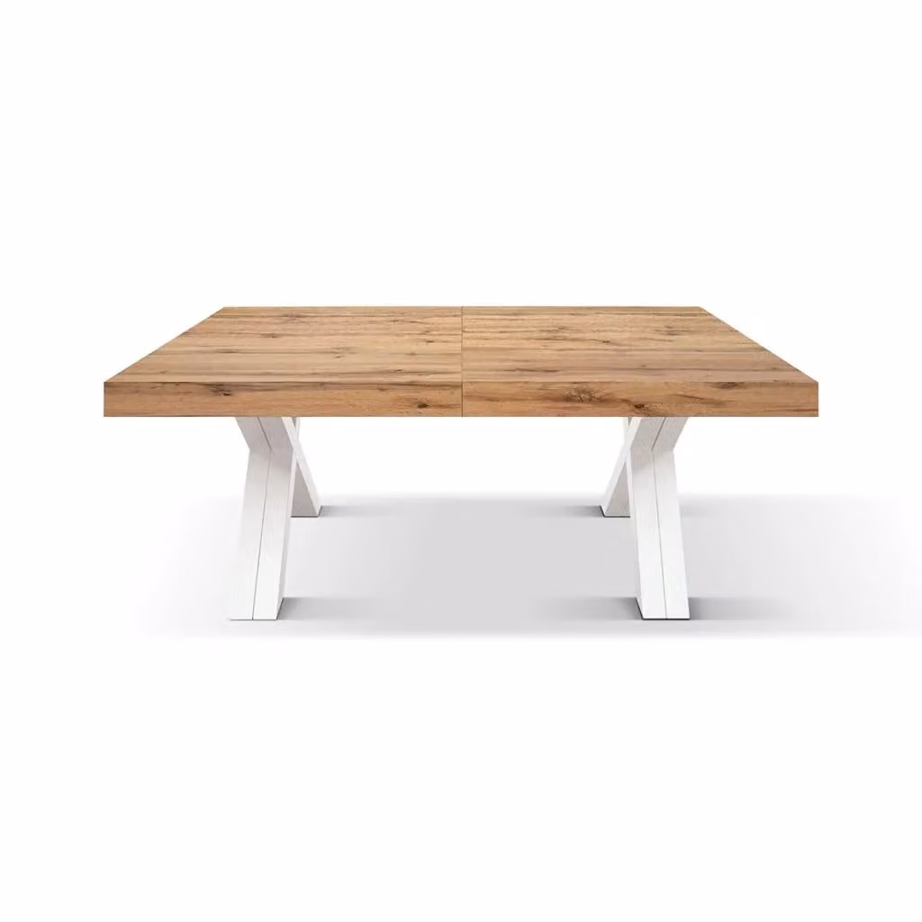 Tavolo VICENZA in legno, finitura rovere rustico e gambe incrociate in legno bianco, allungabile 120×80 – 320×80 cm