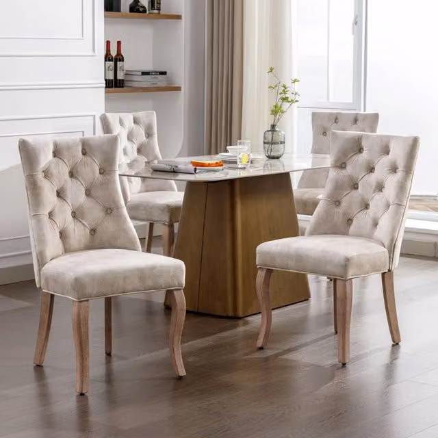 Sedie da Pranzo in Velluto con Schienale Alto e Gambe in Legno Massello ¨C Xylo ¨C Beige Chiaro, Set 4 Pezzi