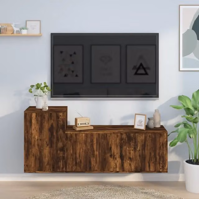 Set di 2 mobili porta TV vidaXL in legno multistrato color rovere fumo marrone per soggiorno con montaggio a parete – 1