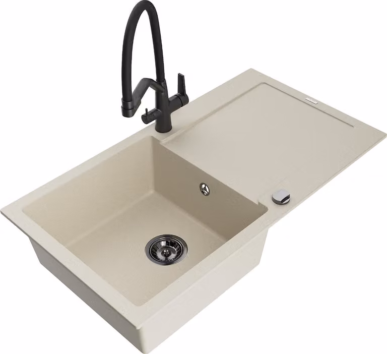 Mexen Leo lavello da cucina in granito 1 vasca con sgocciolatoio e rubinetto Duo, beige - 6501-69-671701-70-B