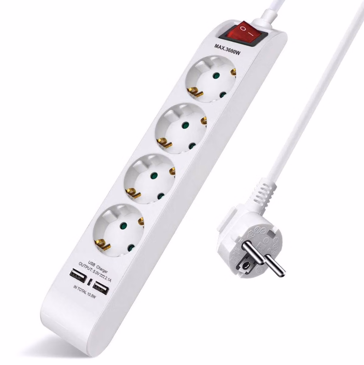Multipresa EXTRASTAR con 4 prese e 2 porte USB, prolunga con interruttore, 1,5 m, per casa, ufficio e viaggi, 3680 W, bianco, 1 pezzo