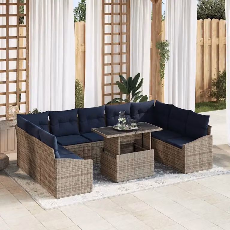 Set di divani da giardino vidaXL a 9-10 posti a forma di U in rattan con cuscini, colore nero e blu