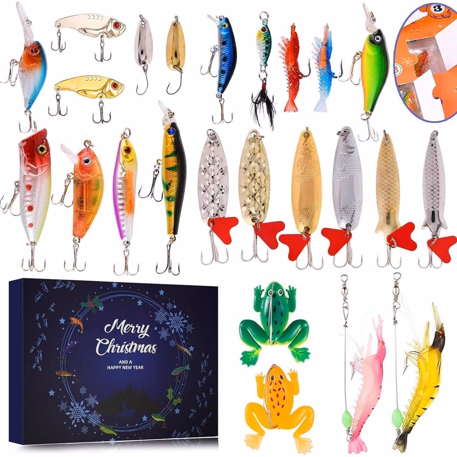 Calendario dell'Avvento 2025 con 24 esche da pesca e accessori, portatile, per uomo