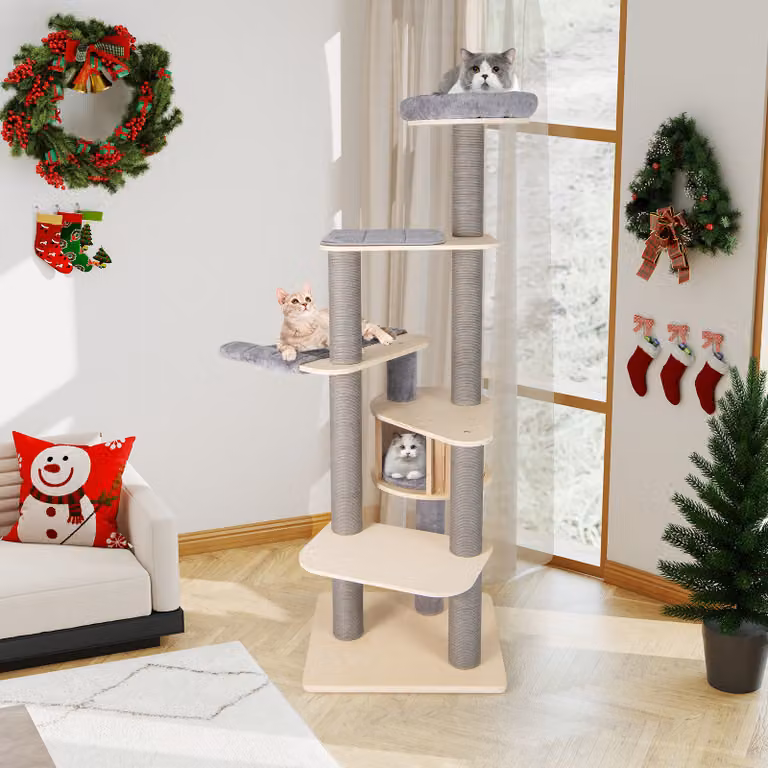 Torre tiragraffi per gatti Costway grigia con amaca, pali in sisal e materassini staccabili, Altezza: 197 cm